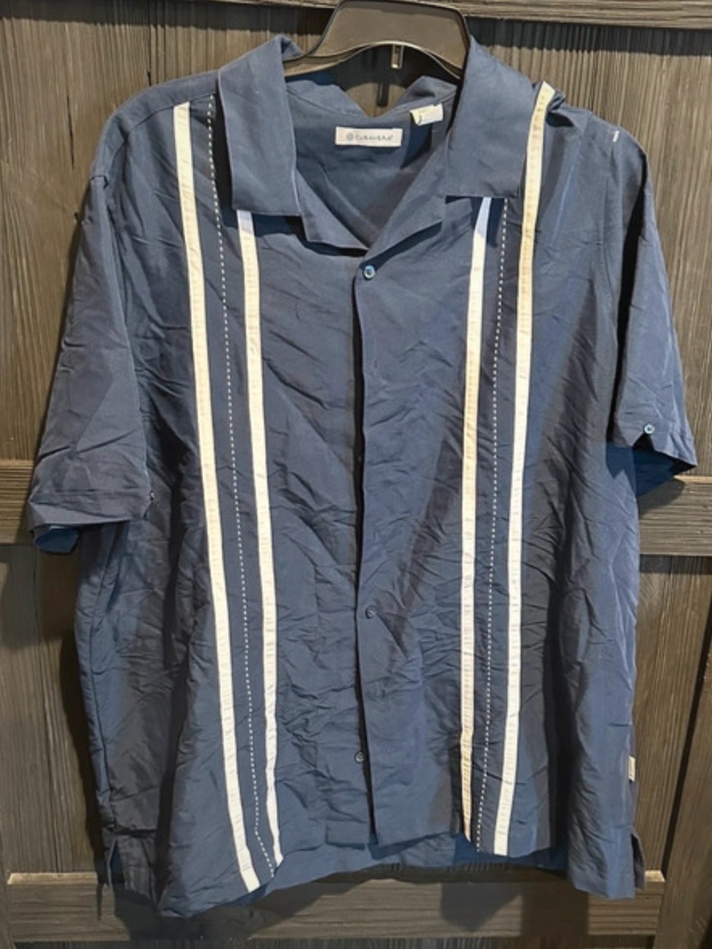 Cubavera Blue Short-Sleeve Shirt Jacket with Vertical Stripes